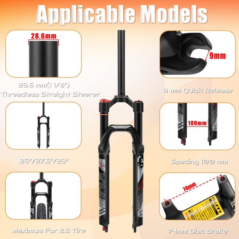 BUCKLOS LUTU 26/27.5/29 Air MTB Suspension Fork, Rebound Adjust Straight Tube 28.6mm QR 9mm Travel 120mm Manual/Crown Lockout Mountain Bike Forks, Ultralight Gas Shock XC Bicycle (Black, 29) - Image 2